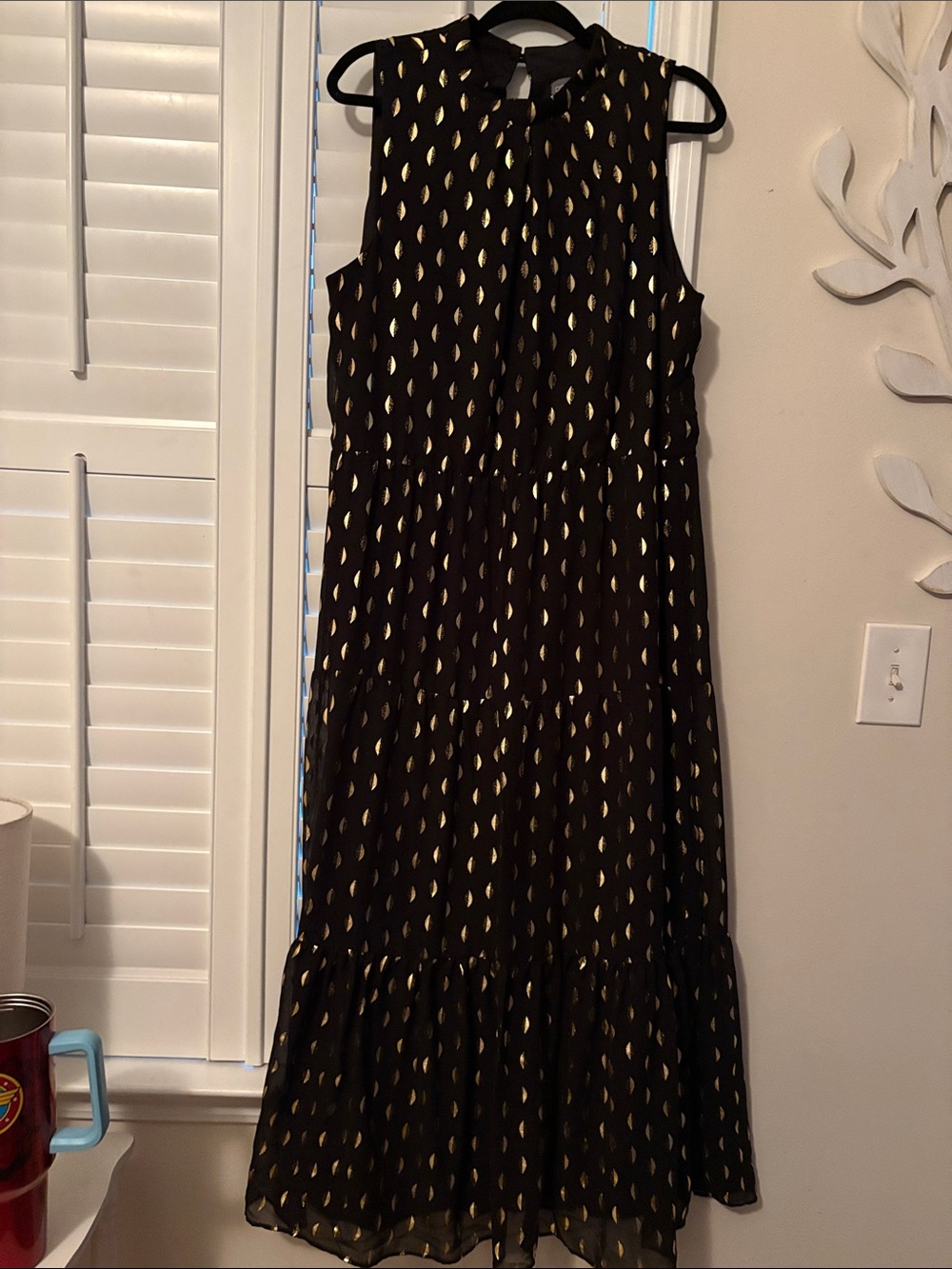 Donna Ricco Black Maxi Dress with Gold Leaf Motif